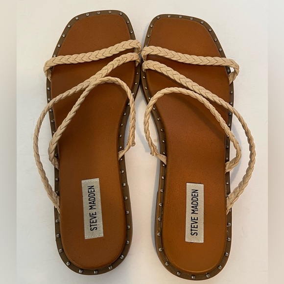 STEVE MADDEN Women's Starie Square Toe Stud Trim Braided Strappy Sandals - Picture 10 of 13